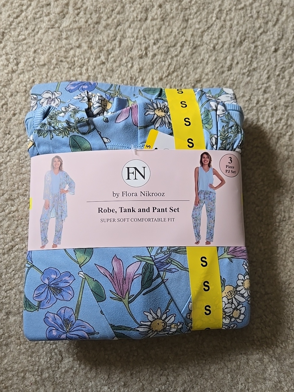 FN by Flora Nikrooz Blue Floral Robe, Tank & Pant Set